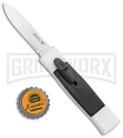 AKC Minion Concord White/Black OTF Automatic Knife - Spear Point Satin Plain -Akc AKC 007 Mini Concord OTF Auto White Black Satin BHQ 135712 jr bottlecap large