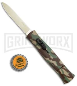 AKC 077 Concord Green Camo OTF Automatic Knife - Flat Gold Plain -Akc AKC 077 Concord OTF Green Camo Gold BHQ 72047 jr bottlecap 2 large