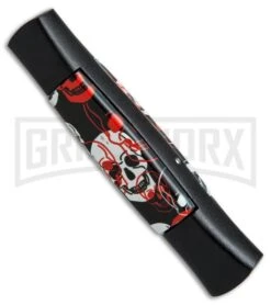 AKC 077 Concord Red/White Skull OTF Automatic Knife - Flat Grind Black Plain -Akc AKC 077 concord red white skull black BP 19133 er side large