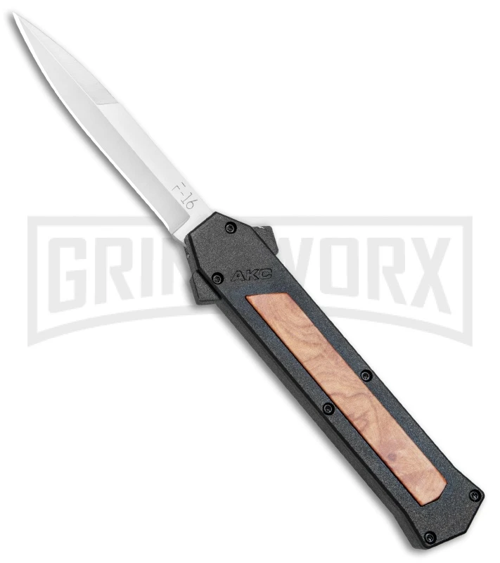 AKC F-16 Black/Wood D/A OTF Automatic Knife - Bayo Satin Plain 3 AKC F-16 Black/Wood D/A OTF Automatic Knife - Bayo Satin Plain