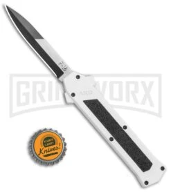 AKC F-16 White D/A OTF Automatic Knife - Bayo Two Tone Plain -Akc AKC F 16 DA Bayo OTF Auto White TT BHQ 114660 jr bottlecap large