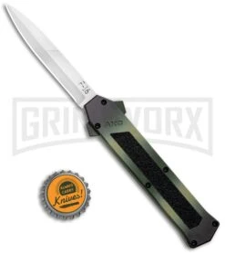 AKC F-16 OD Green Camo D/A OTF Automatic Knife - Bayo Satin Plain -Akc AKC F 16 DA Dagger OTF Auto OD Green Camo Satin BHQ 125319 jr bottlecap large