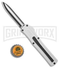 AKC F-20 White Aluminum D/A Drop Point OTF Automatic Knife - Two Tone Plain -Akc AKC F 20 DA DP OTF Auto White Aluminum TT BHQ 179282 jr bottlecap large