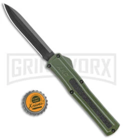 AKC F-20 Green D/A OTF Automatic Knife - Black Plain -Akc AKC F 20 DA Dagger OTF Auto OD Green Black BHQ 140846 jr bottlecap large
