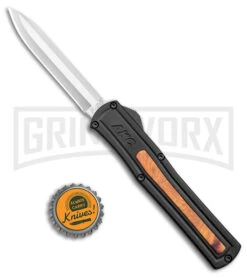 AKC F-20 Black W/ Wood Inlay D/A OTF Automatic Knife - Satin Plain -Akc AKC F 20 DA SP OTF Auto Black Wood Inlay Satin BHQ 152445 jr bottlecap large