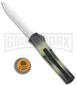 AKC F-20 Camo D/A OTF Automatic Knife - Spear Point Satin Plain -Akc AKC F 20 DA SP OTF Auto Camo Satin BHQ 141095 jr bottlecap large
