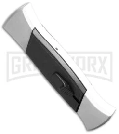 AKC 777 Blackfinger White/Black OTF Automatic Knife - Flat Grind Satin Plain -Akc akc 777 white satin flat bottom cm large