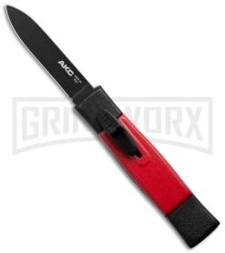 AKC Minion Concord Black/Red OTF Automatic Knife - Flat Grind Black Plain